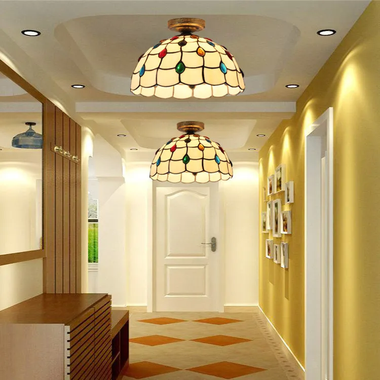 Tiffany 11.8 Inch Small Ceiling Light Multi Style Led Lights Stained Glass In Porch Dining Bedroom Aisle Front Porch Decoration