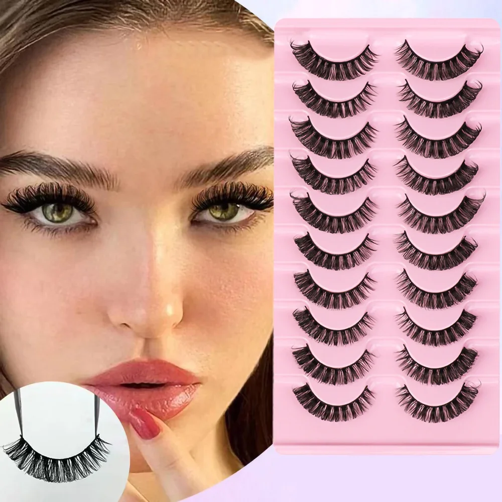 10 Pairs Russian Strip Lashes D Curly Eyelashes Russian Volume Natural Fluffy Wispy Lashes Faux Mink Lashes Pack