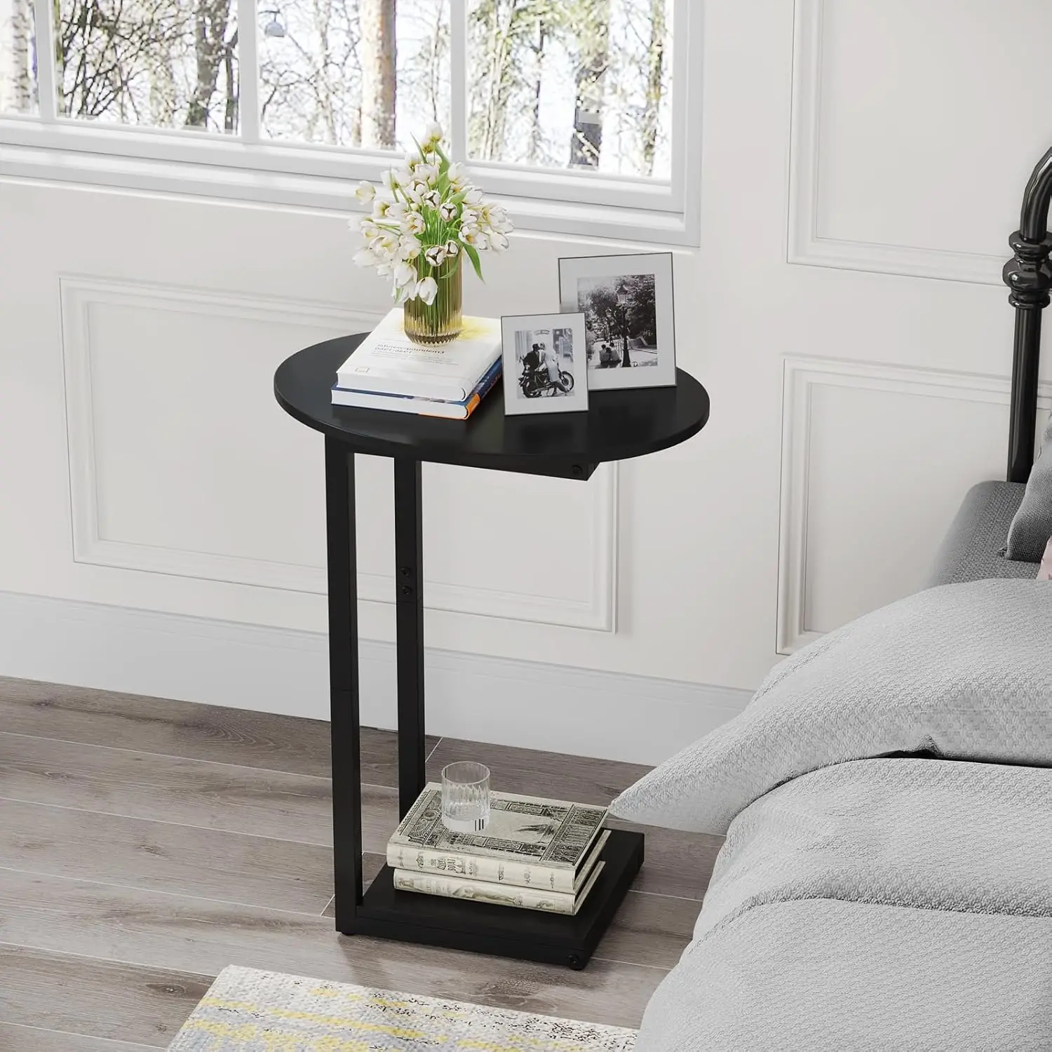 Small Side Table End Table, C-Shaped Wood Coffee Table TV Tray for Eating Couch Tables for Small