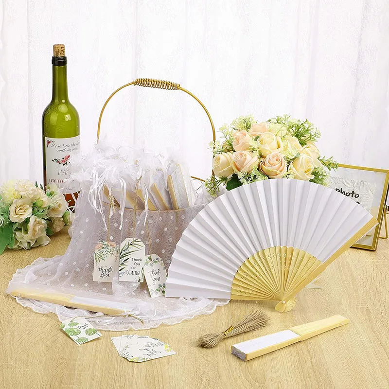 240-40Pcs Wedding Hand Fans Guests Folding Fans White Bamboo Fan with Fabric Bag Engagement Paper Fan Black Prop Fan for Dancing