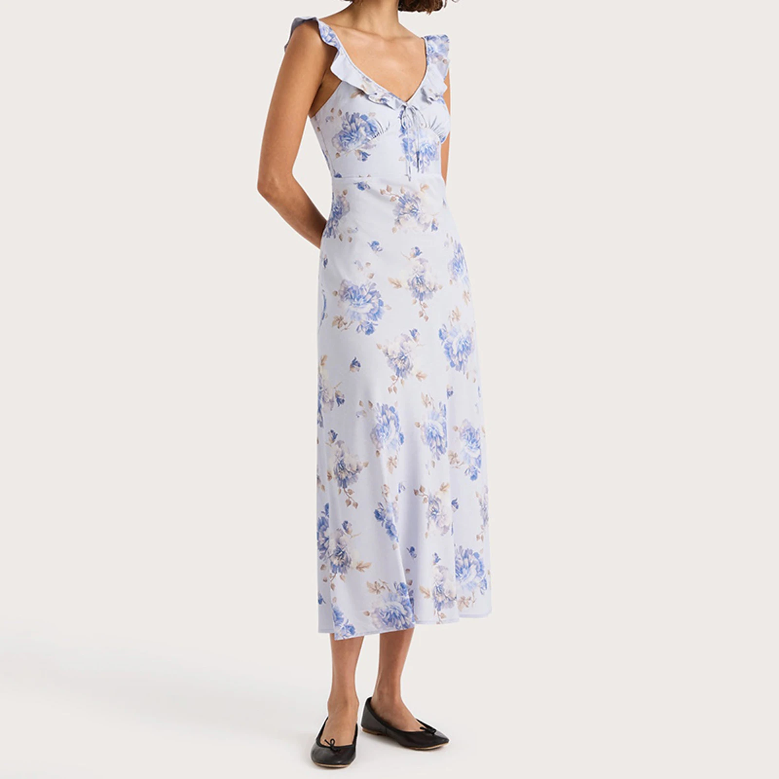 Combhasaki Abito estivo da donna senza maniche con volant e scollo a V, busto increspato legato, stampa floreale, senza schienale, smock, abito longuette a trapezio