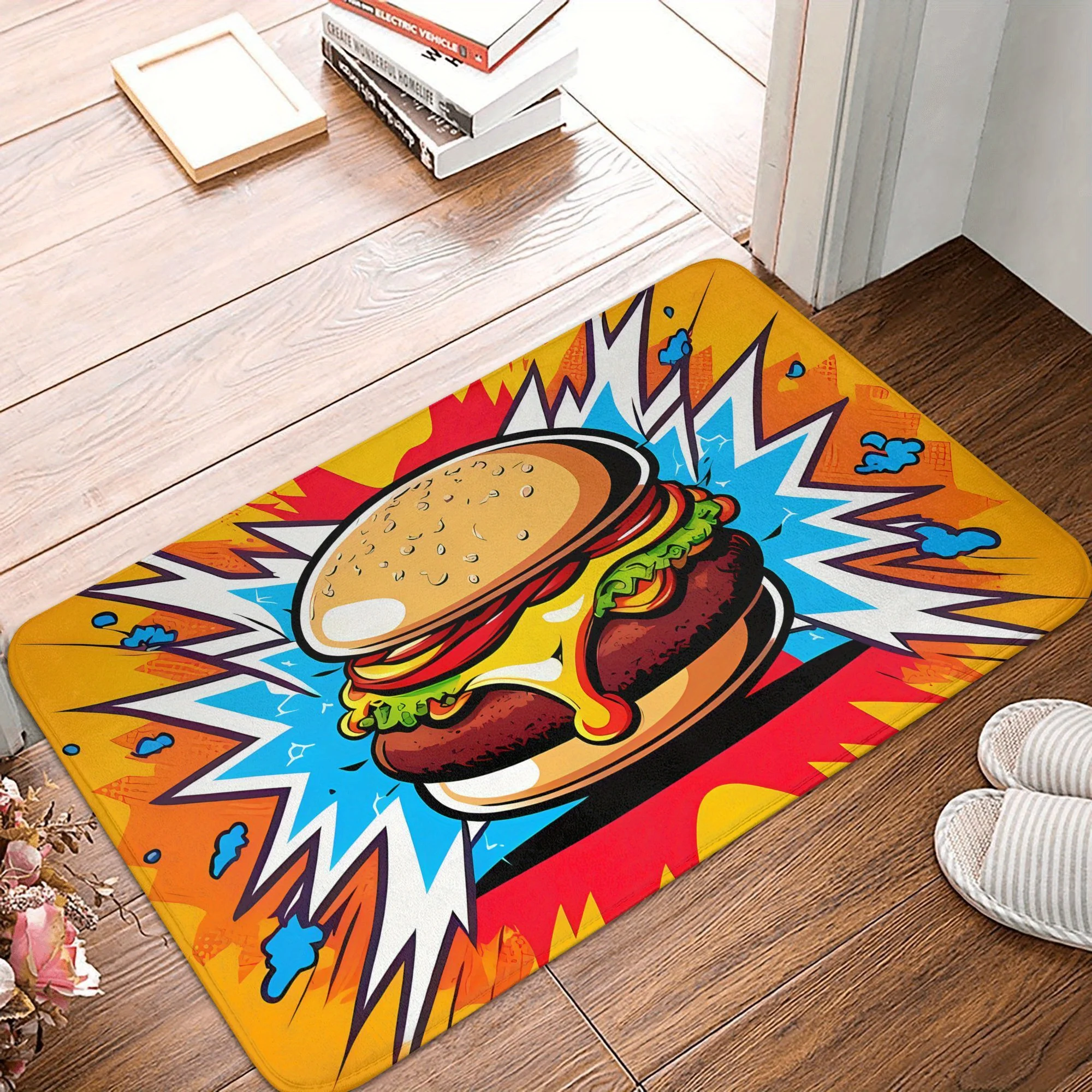 Pop Art Burger Doormat, Funny Fast Food Floor Rug, Non-Slip Welcome Mat for Kitchen Entryway Home Decor Gift