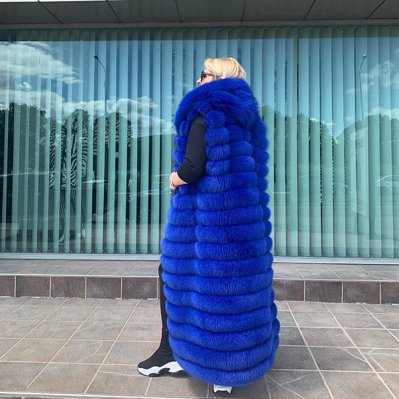 Genuine Strip Sewed Fox Fur Vest Coats Women Luxury Long Thicken Outertwear 2022 Winter Blue Sleevelessreal Fur Tank Top Female