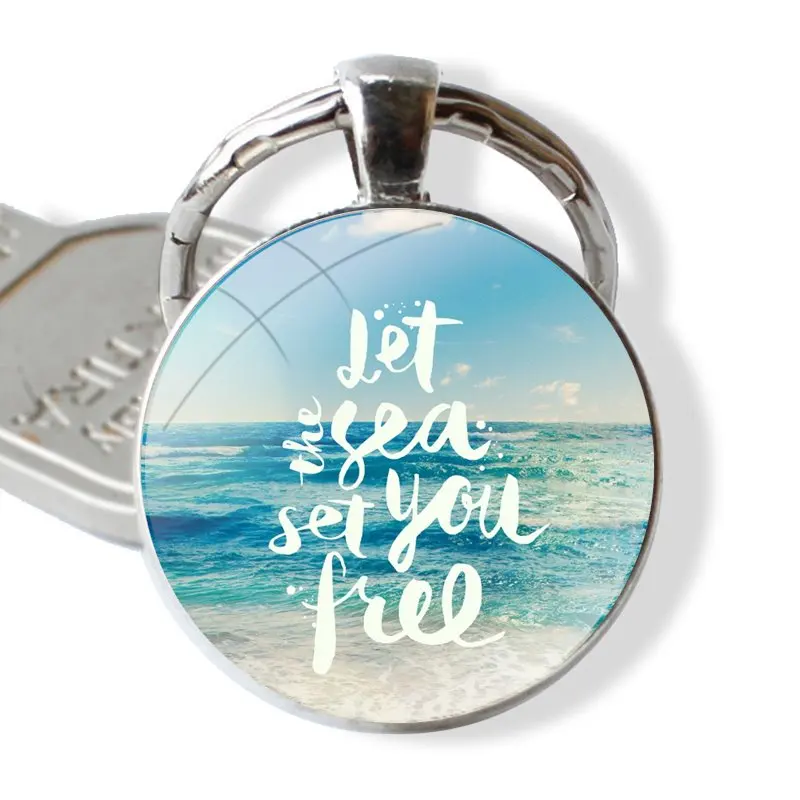 The Ocean Sea Wave quotes Keychain Glass Cabochon Metal Pendant Classic Men's Women's Keyring