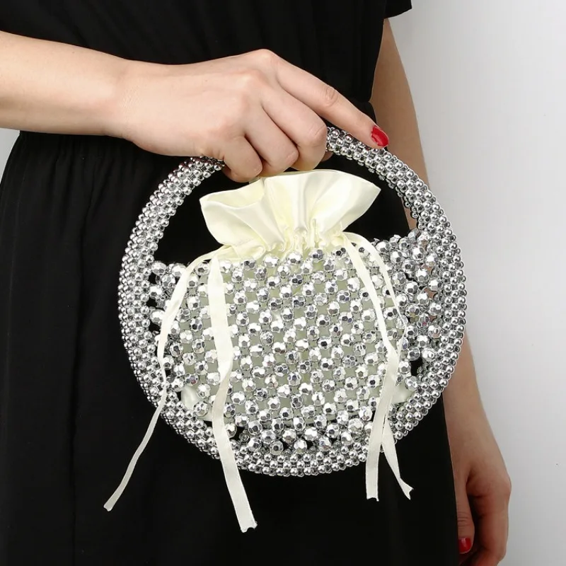 

New Creative Silver Round Marble Beads Vintage Handbag Fashion Personalized Ring Women's Bags Luxury Celebrity Party Evening Bag