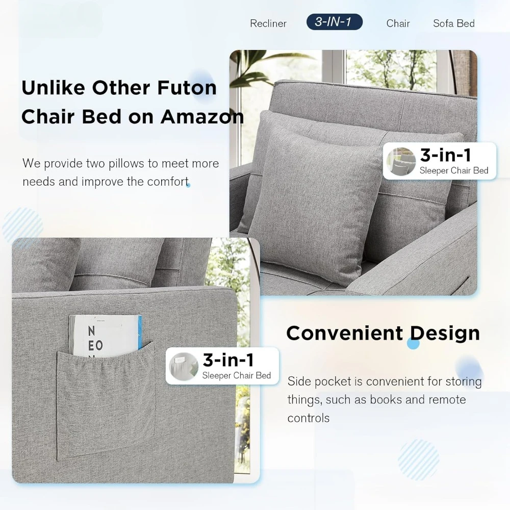 Sleeper Chair, 3-1 Convertible Chair Bed Pull Out Single Sofa Bed with Adjustable Backrest, 2 Pillows, Side Pocket,
