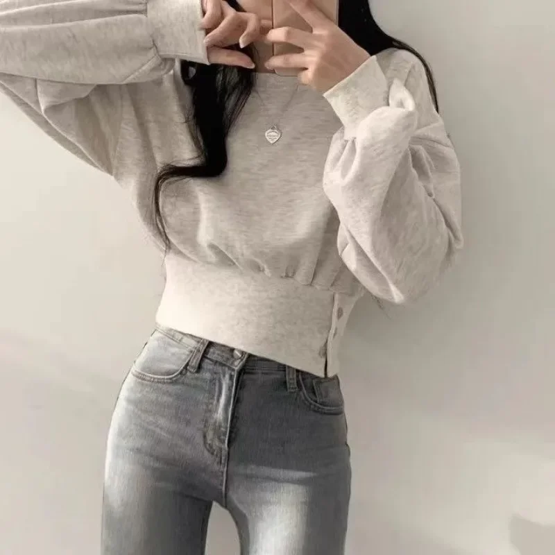 O-neck Hoodies Women Autumn Students Tighten Waist Crop Slimming Tops Solid Button Fashion Trendy Ulzzang High Street Prevalent