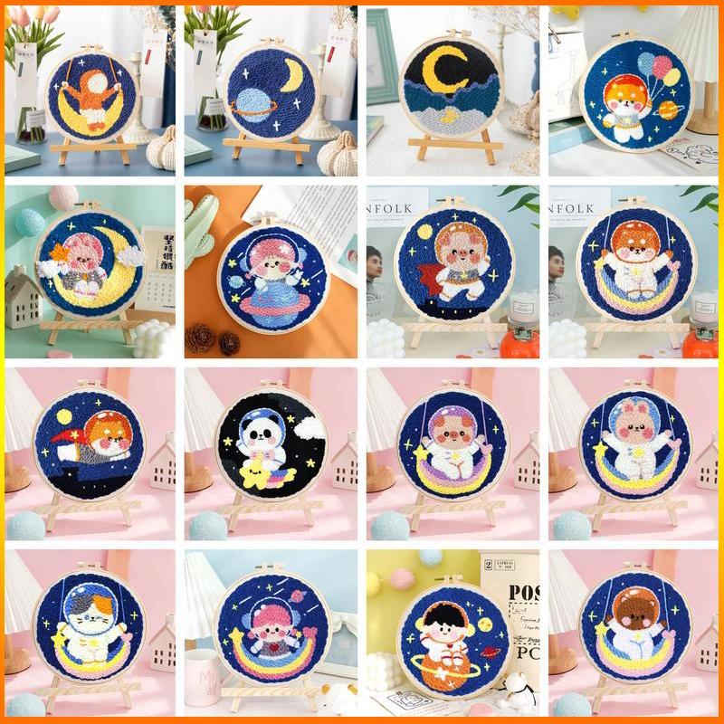 

CHENISTORY Astronaut Animals Punch Needle Kits For Beginners Soft Yarn Punch Needle Embroidery Kit Cartoon Animals Pattern