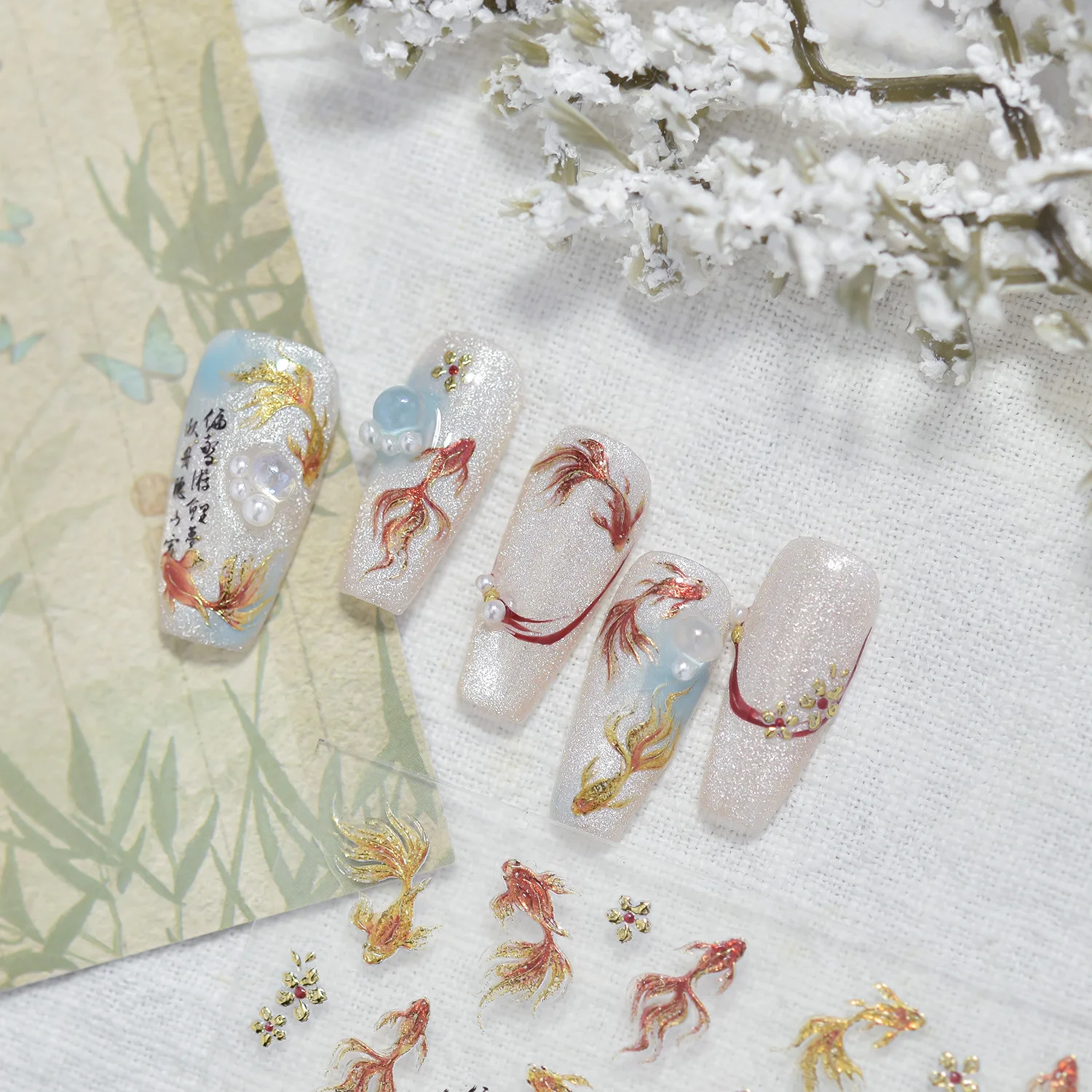 Lucky Koi Fish Nails Stickers 5D Goldfish Red Gold Carp Delicate Shiny Flower Self Adhesive 3D Nail Art Stickers Manicure Decals