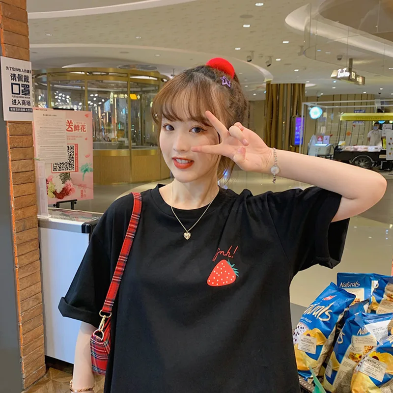 

Summer Sweet Cottagecore T Shirts Women O Neck Short Sleeve Strawberry Print Tops 2024 Street Indie New Fashion Cute Kawaii Tees
