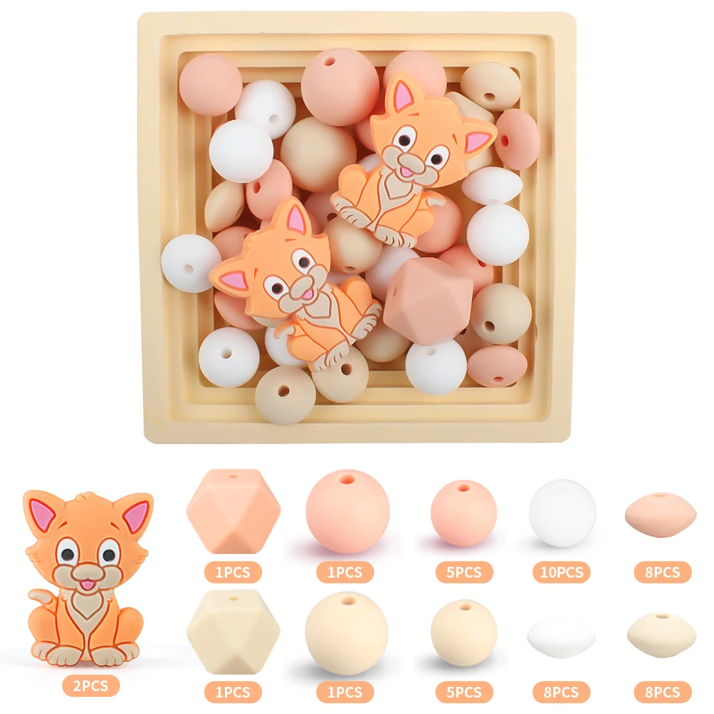 50Pcs/Set Silicone Beads Baby Sets kittens Round Beads Sets Teething Teether BPA Free DIY Necklace Pacifier Chian Accessories