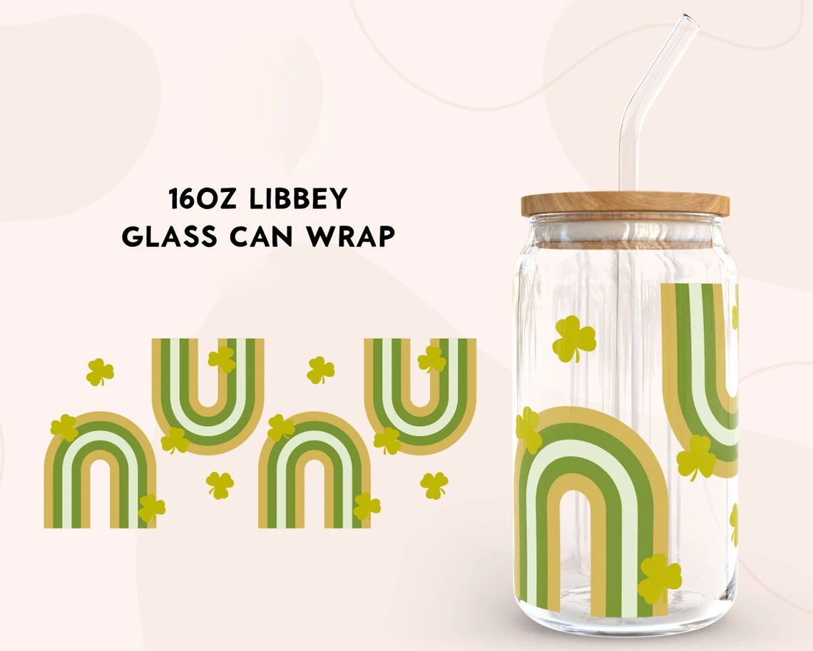 Gelukkige Regenboog Voor Libbey 16Oz Kan Glas St Patrick 'S Day Uv Dtf Koffie Kan Verpakken Libbey Glas Wrap