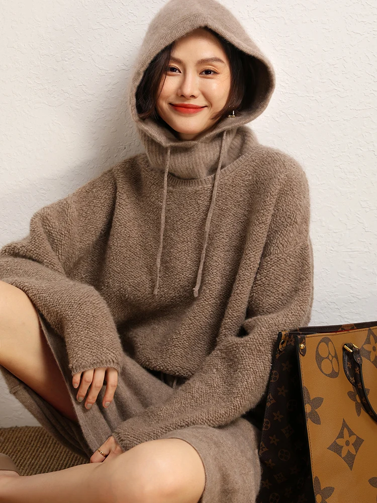 シックな女性 100% カシミヤフード付きスカーフニット帽子暖かいプルオーバーフード付きスカーフ秋冬カジュアルシンプルなスタイルカシミヤトップス