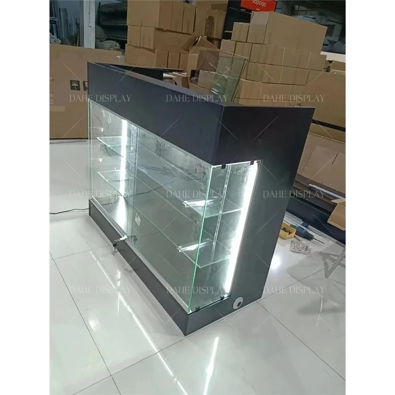 custom.Own Glass Showecase with LED Light Cash Table Cell Phone Display Stand Wooden Cashier Counter Checkout Counter
