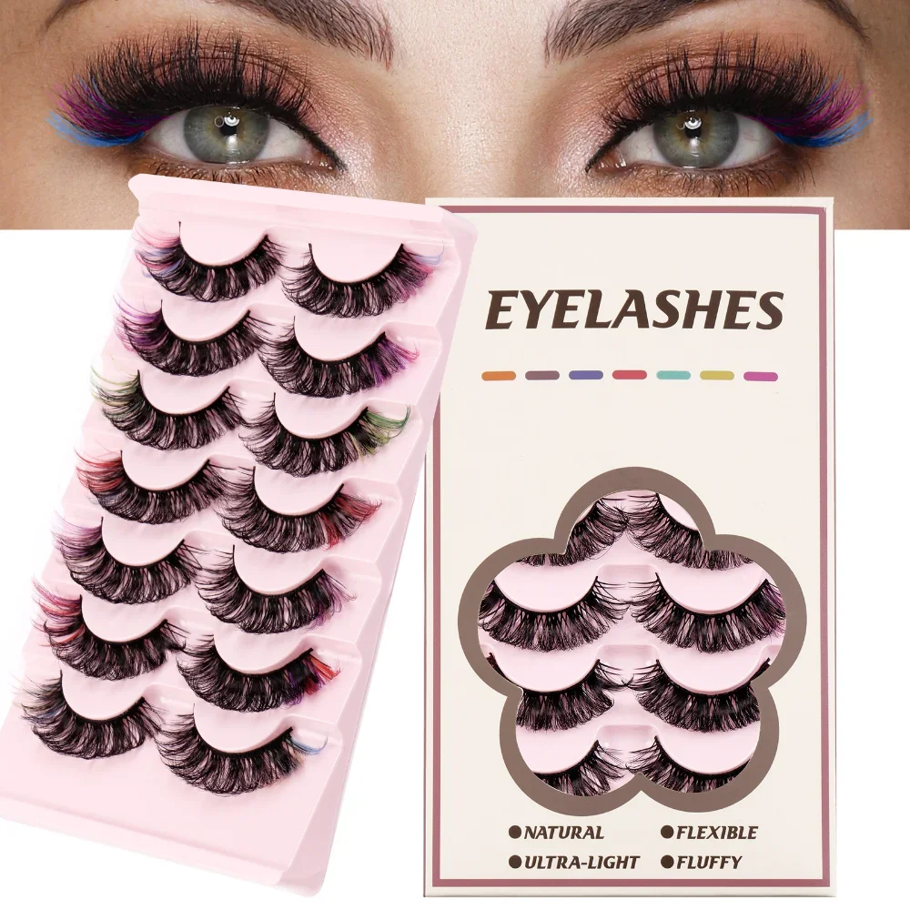 7 par kolorowych sztucznych rzęs z norek 8D Faux Natural long Fluffy do przedłużania rzęs Drama Soft Colored Fake Lashes make up