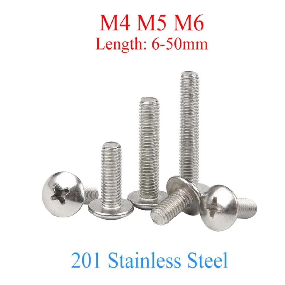 

10/20/50Pcs Phillips Semicircle Head Machine Screw M4 M5 M6 201 Stainless Steel Large Pan Head Cross Recessed Bolt Length=6-50mm