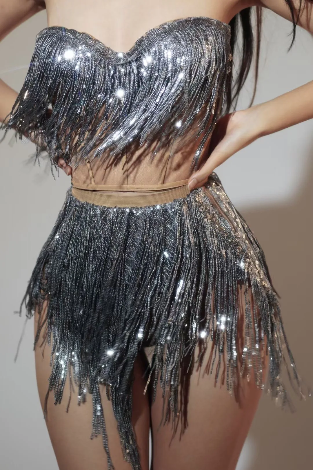 2024 Sparkly Tassels Sexy Top Two Pieces Short Skirt Set Women Celebrate Party NightClub Performance Dancer Show Stage Outfit