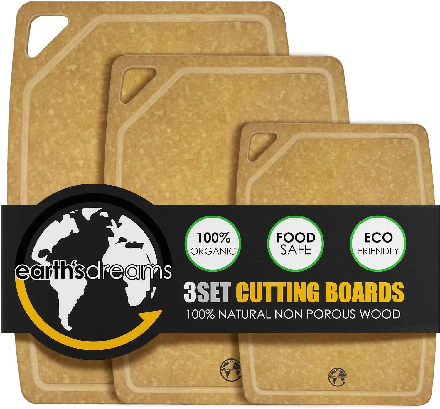 

Earth’s Dreams Wood Cutting Board Set 3-Piece: Small, Large & Extra Large - Charcuterie Board, Non-Plastic, Non-Toxic,