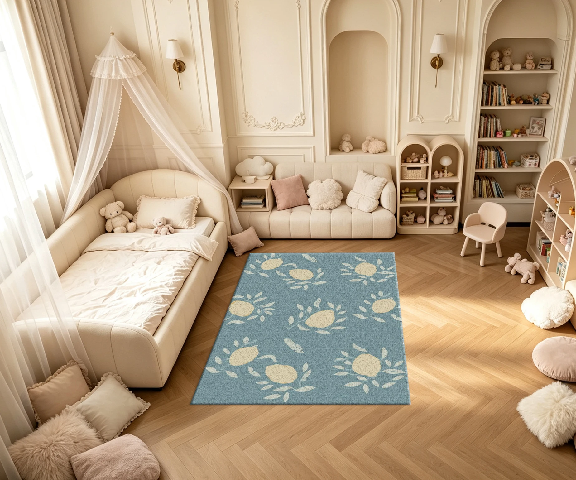 Vintage Lemon Fruit Blue Background Carpet Flooring Fresh Household Indoor Decor Floor Rug