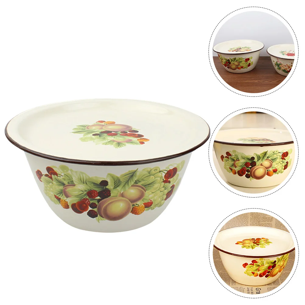 Enamel Basin with Lid Container for Storing Kitchen Lard Soup Vintage Bowl Kneading Dough Oil Storage Pot