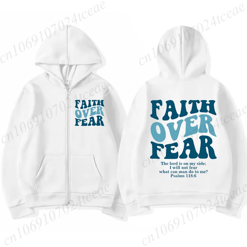 

Толстовки на молнии Faith Over Fear Повседневные мужские и женские толстовки с капюшоном в стиле хип-хоп Уличная одежда Иисус Библейский стих Куртка на молнии Пальто Y2K