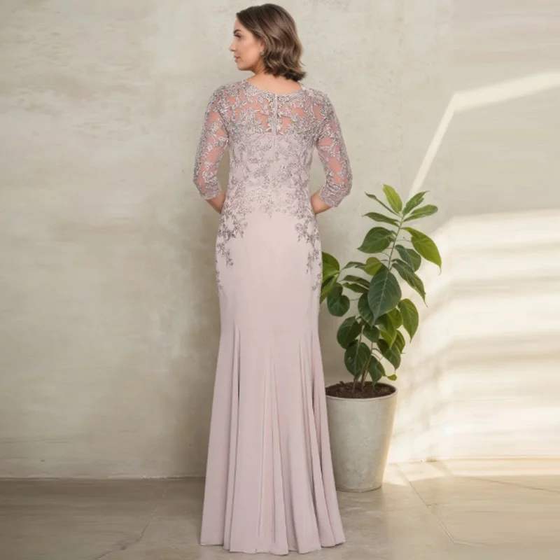 Customized Elegant Chiffon Mother of the Bride Dresse Sheath Prom Dress Scoop Neck Zipper Floor-Length Gown Vestido De Noiva