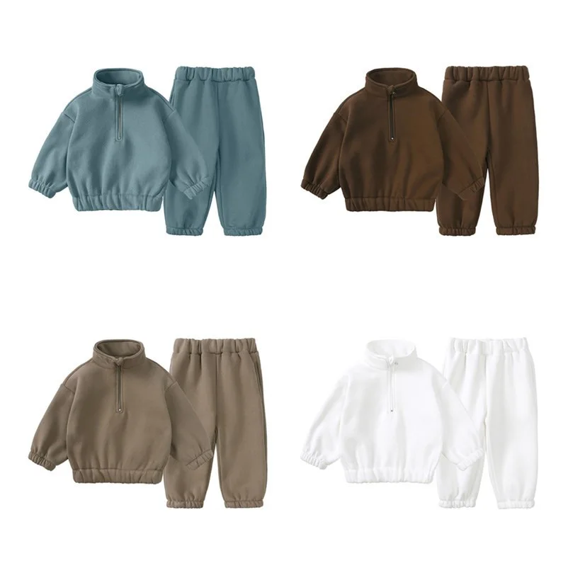 

Autumn Fleece Kids Tracksuit Set Stand Collar Sweatshirt Sweatpant Solid Color Boys Girls Street Wear Costume