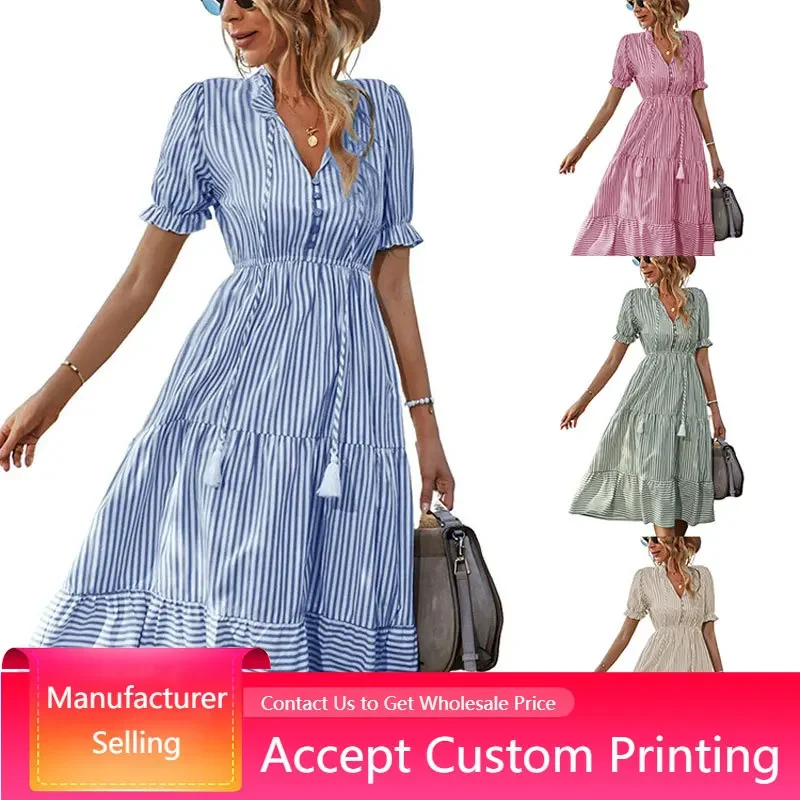 

Women's Long Skirt Elegant Striped Lantern Sleeve V-neck Button Ruffles Midi Dress Elegant A-line Casual Summer Stripe Dress