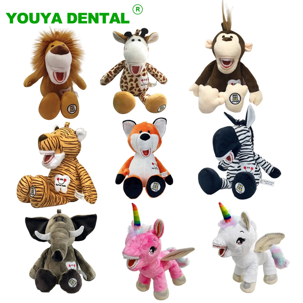 Dental Plush Toys With Teeth Model Cute Tiger Lion Giraffe Animal Dolls Kids Brushing Teeth Teaching Model Dental Clinic Decor