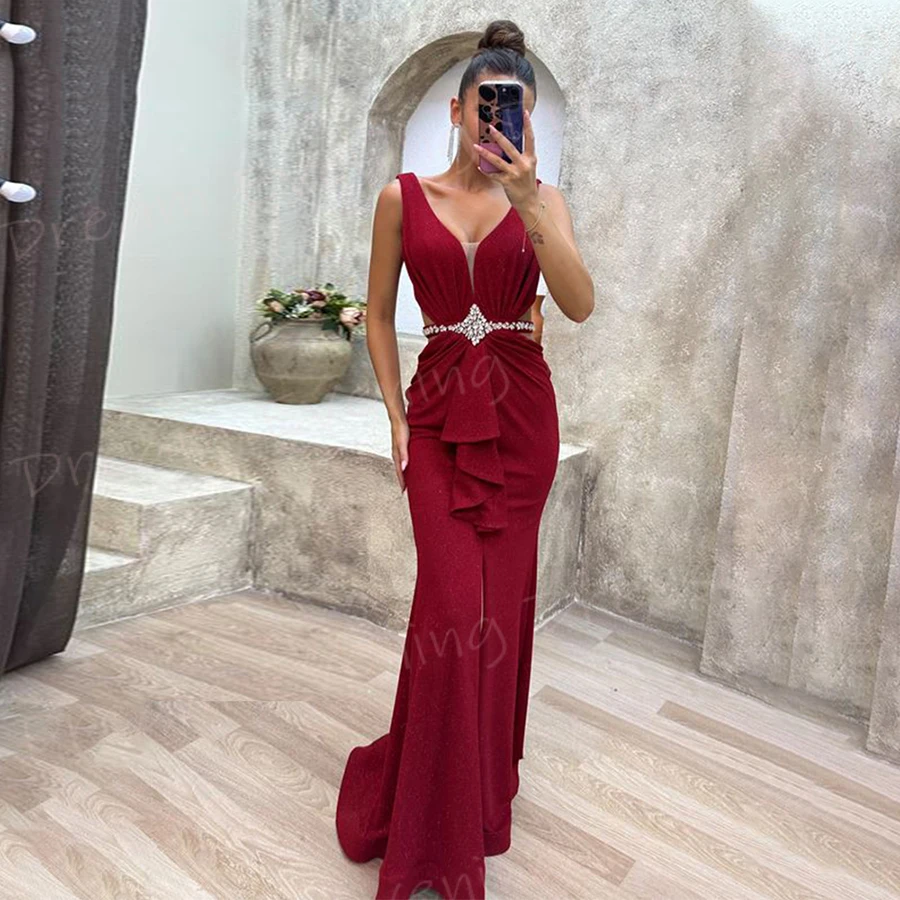 Fascinating Red Mermaid Modern Women's Evening Dresses Sexy V Neck Sleeveless Prom Gowns Formal Party Beaded Vestido De Noche