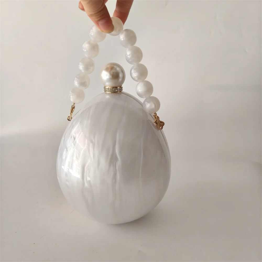 Brand Female Oval Pearl White Lady Mini Long Chain Cross Body Bridal Special Bag Wedding Party Beaded Clutch Purse And Handbag