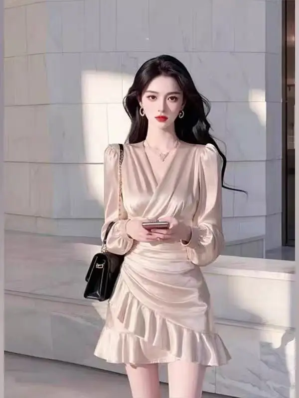 Ele Long Sve Satin Wrap Waist Dr Spring New Sle Faionable ort Skirt Women's Clothing Commute Lady Sle Polye...