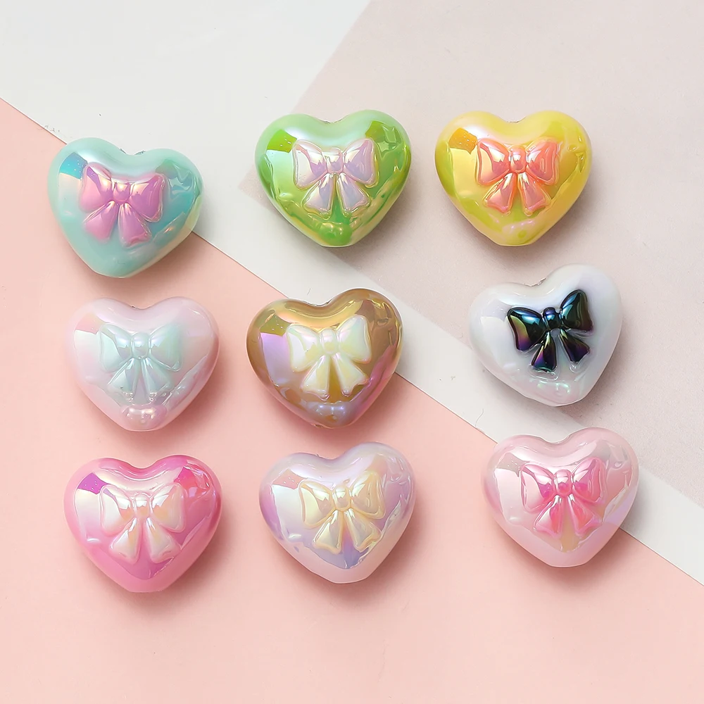 4Pcs/Lot Acrylic Two-Color Heart Beads Bow Tie Printed Loose Spacer Beads for DIY Bracelet Necklace Jewelry Making Accessories