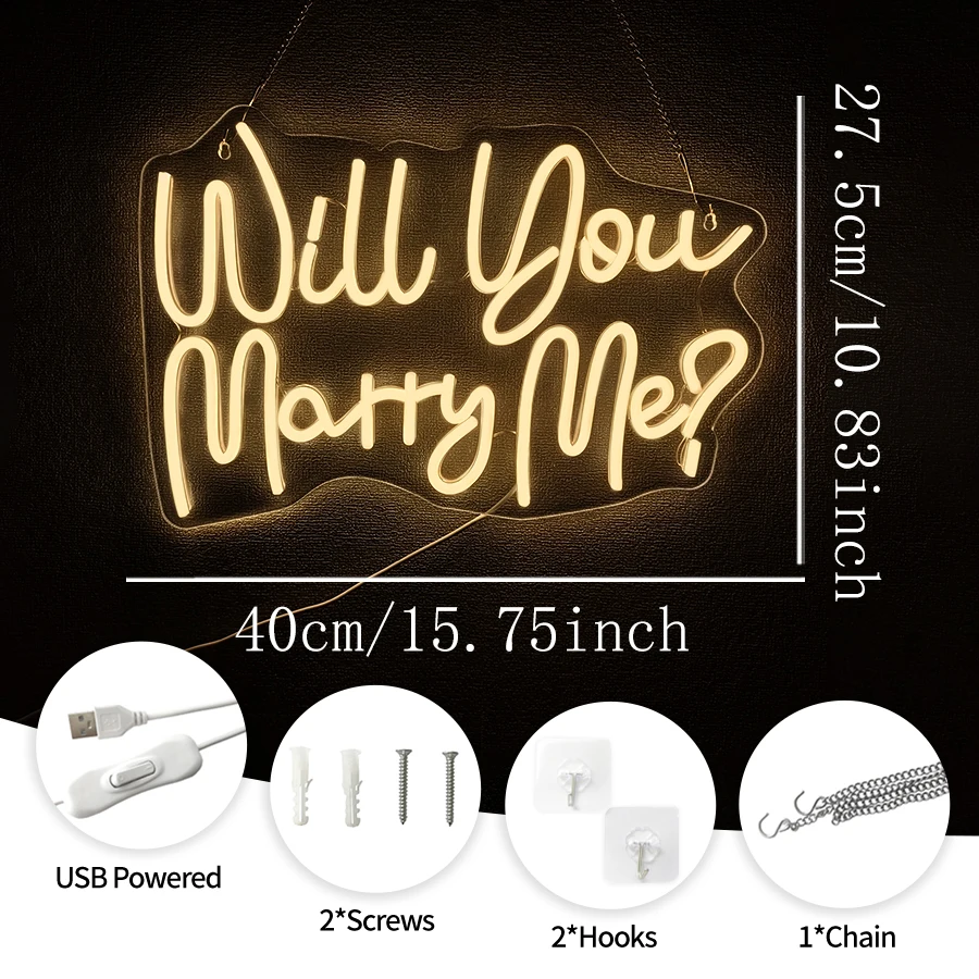 Will You Marry Me Neon Letter Sign Neon LED Signs for Wall Decor Marriage Proposal Wedding Valentine's Day Decor USB Powered - view 2