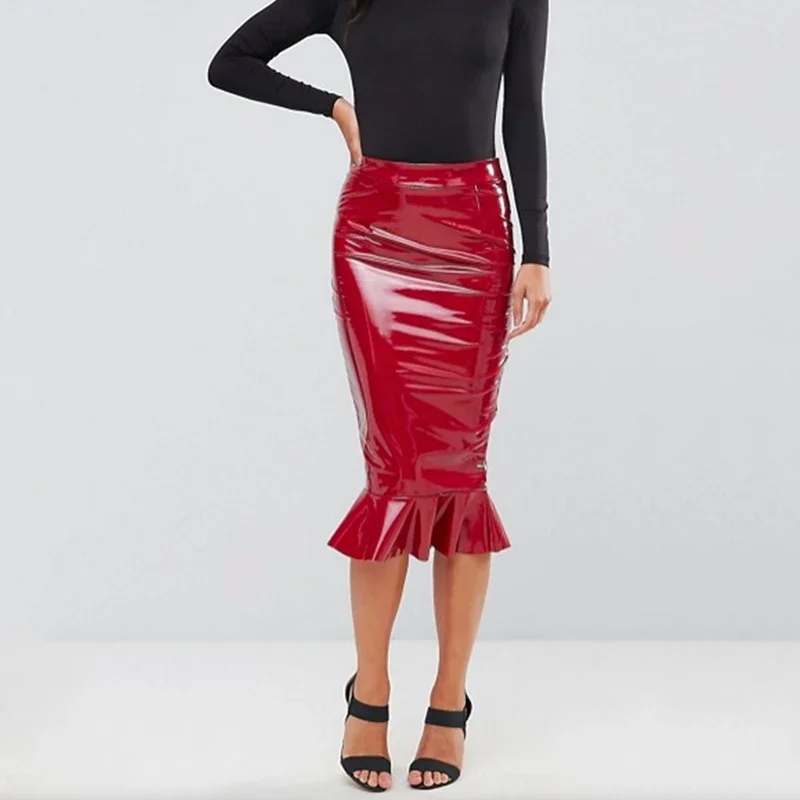 Sexy Faux Latex Hobble Skirts Women Shiny PU Leather Ruffles Midi Skirts Ladies Stretchy Bodycon Long Skirt Clubwear New Custom