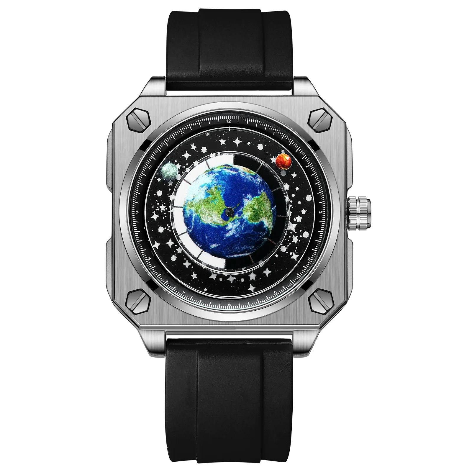 BINBOND Large Dial Men Quartz Watch Starry Sky Earth Moon Phase Genuine Leather Band 3ATM Waterproof Luminous Wristwatch