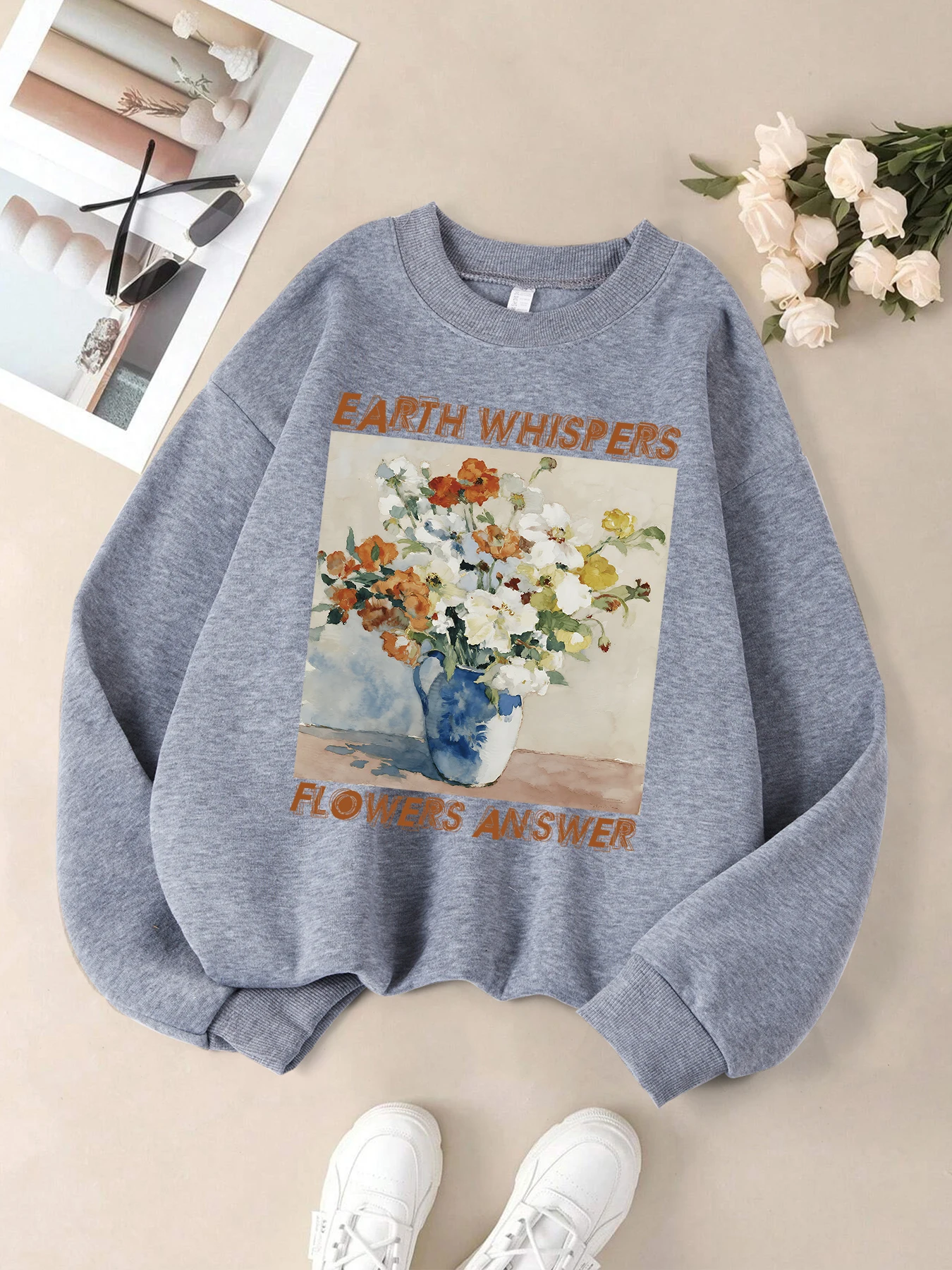 Earth Whispers Flowers Answer Bedruckter Pullover Damen Herbst Freizeitkleidung Weiche Sport Sweatshirts Lose Y2K Sweatshirt