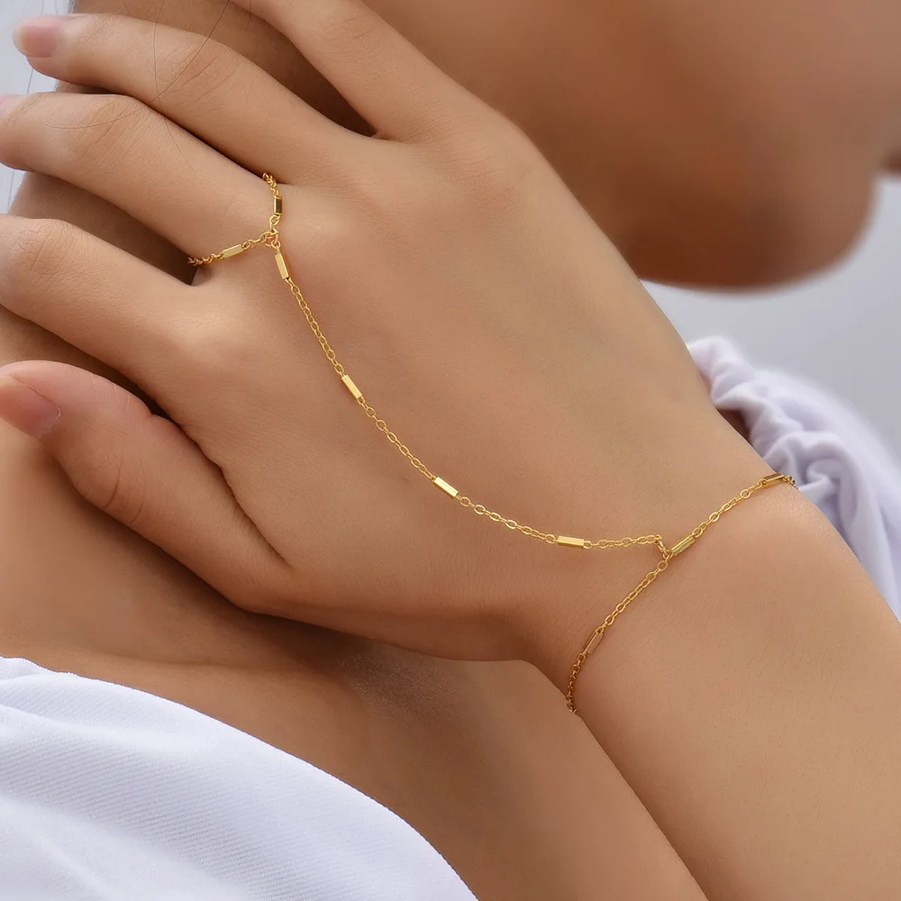 Elegant Tiny Chain Bracelet Finger Rings For Women Gold Color Link Chains Connecting Hand Harness Bracelets Jewelry