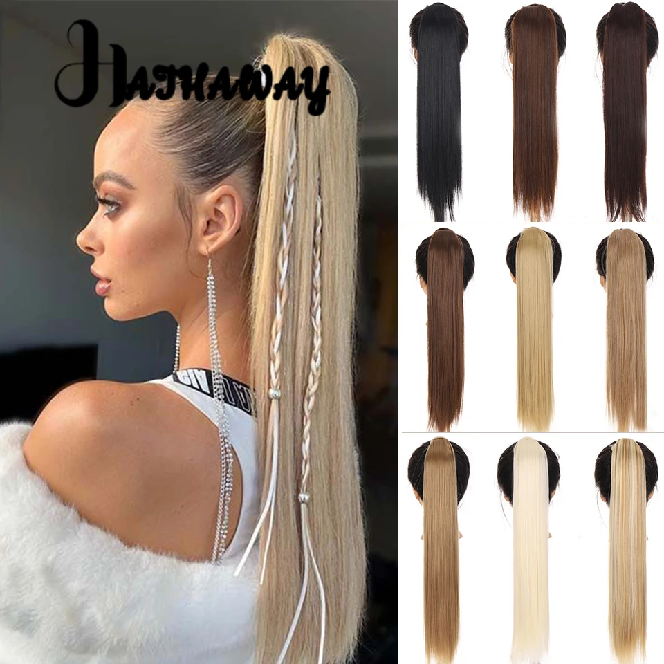 About 65 CM Long straight Ponytail Synthetic Paste Winding Ponytail About Long Hair Smooth Ponytail On The Top Of The Head Women