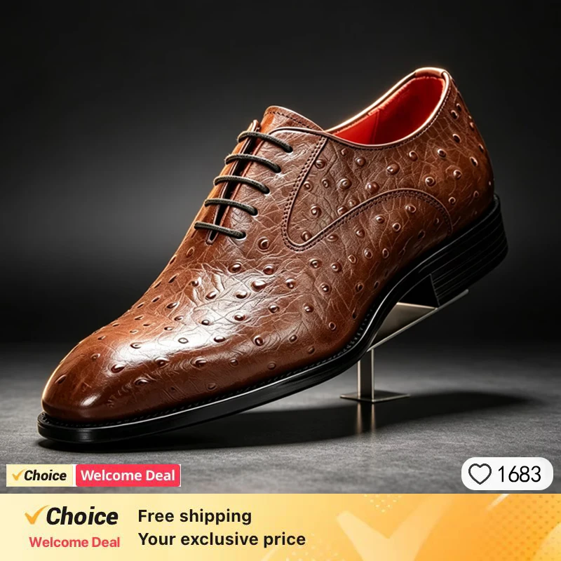 Men's Handmade Genuine Leather Ostrich Pattern Formal Casual Business Shoes 2026 Fashion Trend Cowhide Leather Footwear