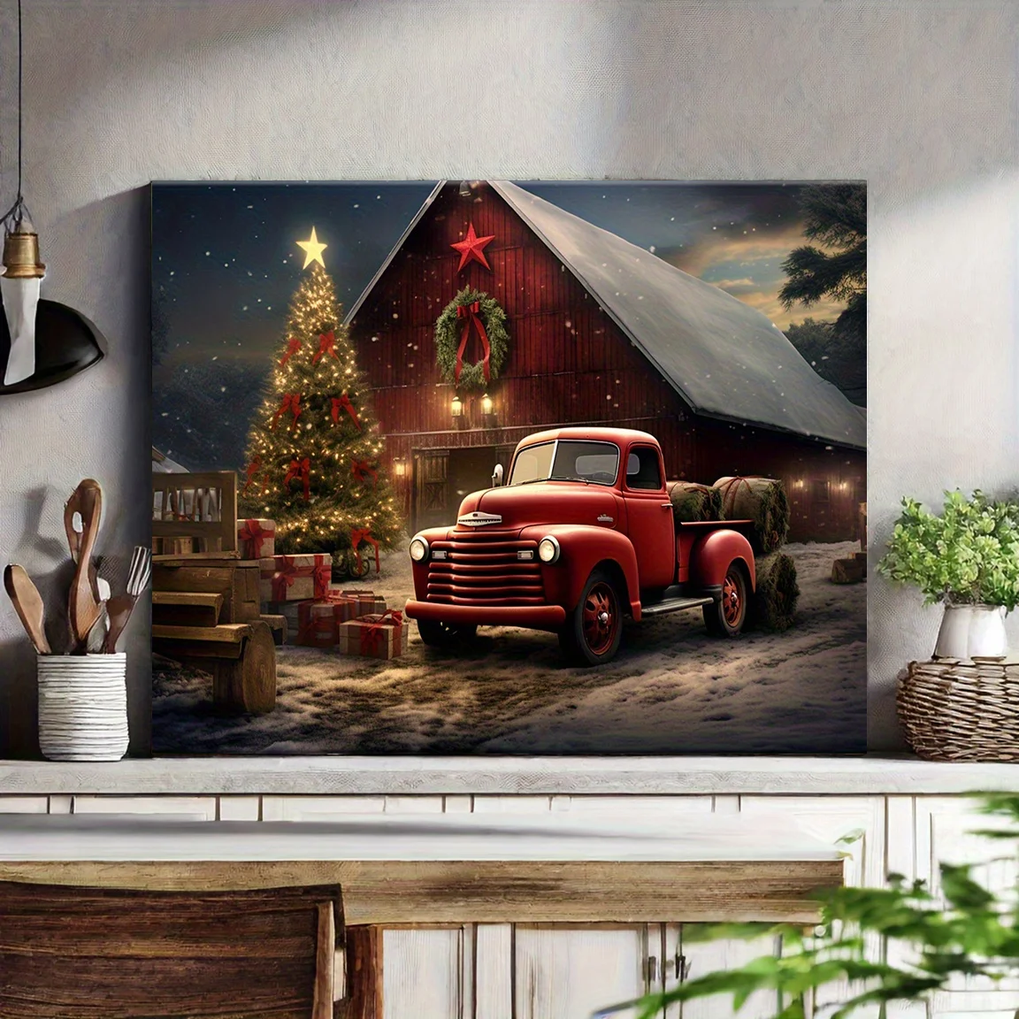 

1PC Vintage Red Truck Christmas Canvas Print Poster For Home Bedroom Kitchen Living Room Bathroom Cafe Holiday Decoration Framed