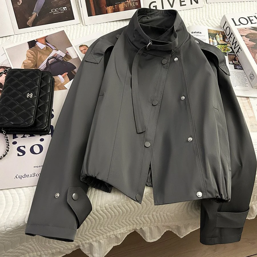 Stand Collar Windbreaker Jacket Women Epaulet Strap Decor Button Zip‑Up Loose Short Trench Coat Elastic Casual Ladies Outerwear