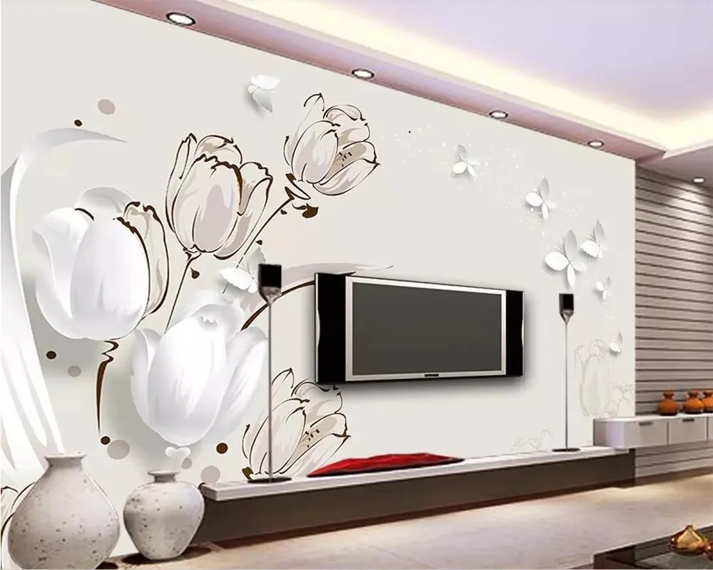 Custom wallpaper photos 3d stereo tulip butterfly TV background wall home decor living room bedroom mural 3d wallpaper