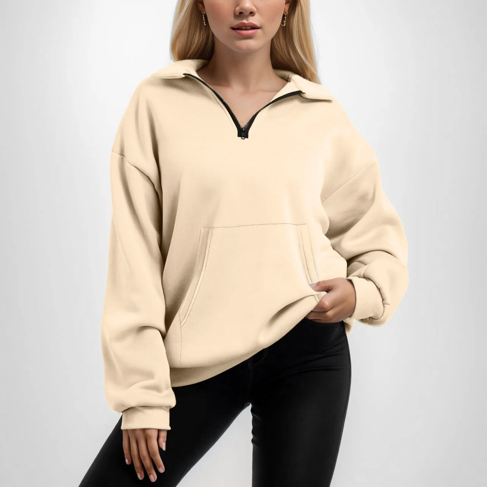 

Solid Color Half-open Placket Hoodies Half Zip Pullover Tops Sweatshirt Thick Autumn Plush Warm Hoody Women's Clothing 2024