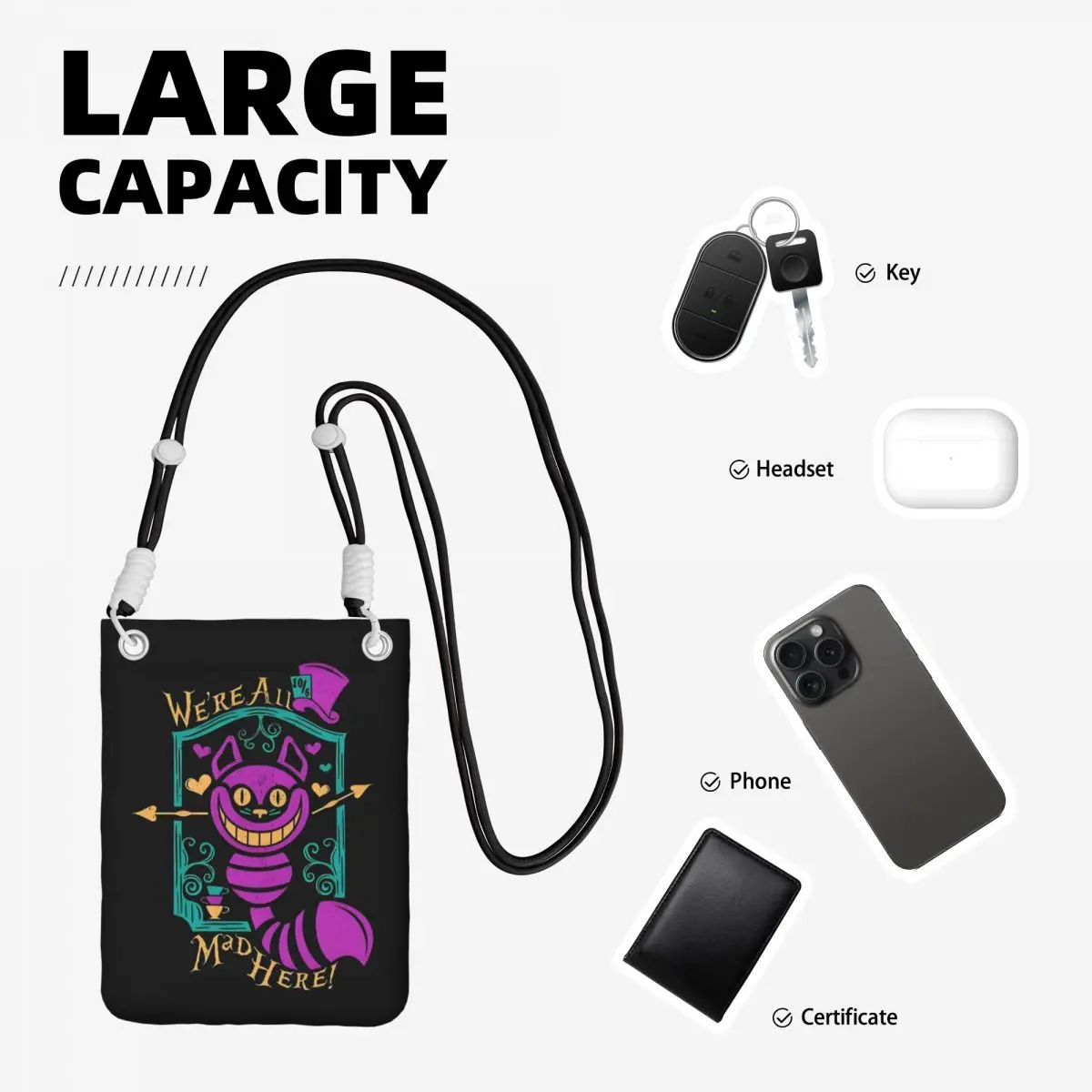 مخصص أليس في بلاد العجائب حقيبة الهاتف المحمول التخييم النساء الرجال شيشاير القط الصغيرة Crossbody محفظة الهاتف الذكي المحفظة مع حزام
