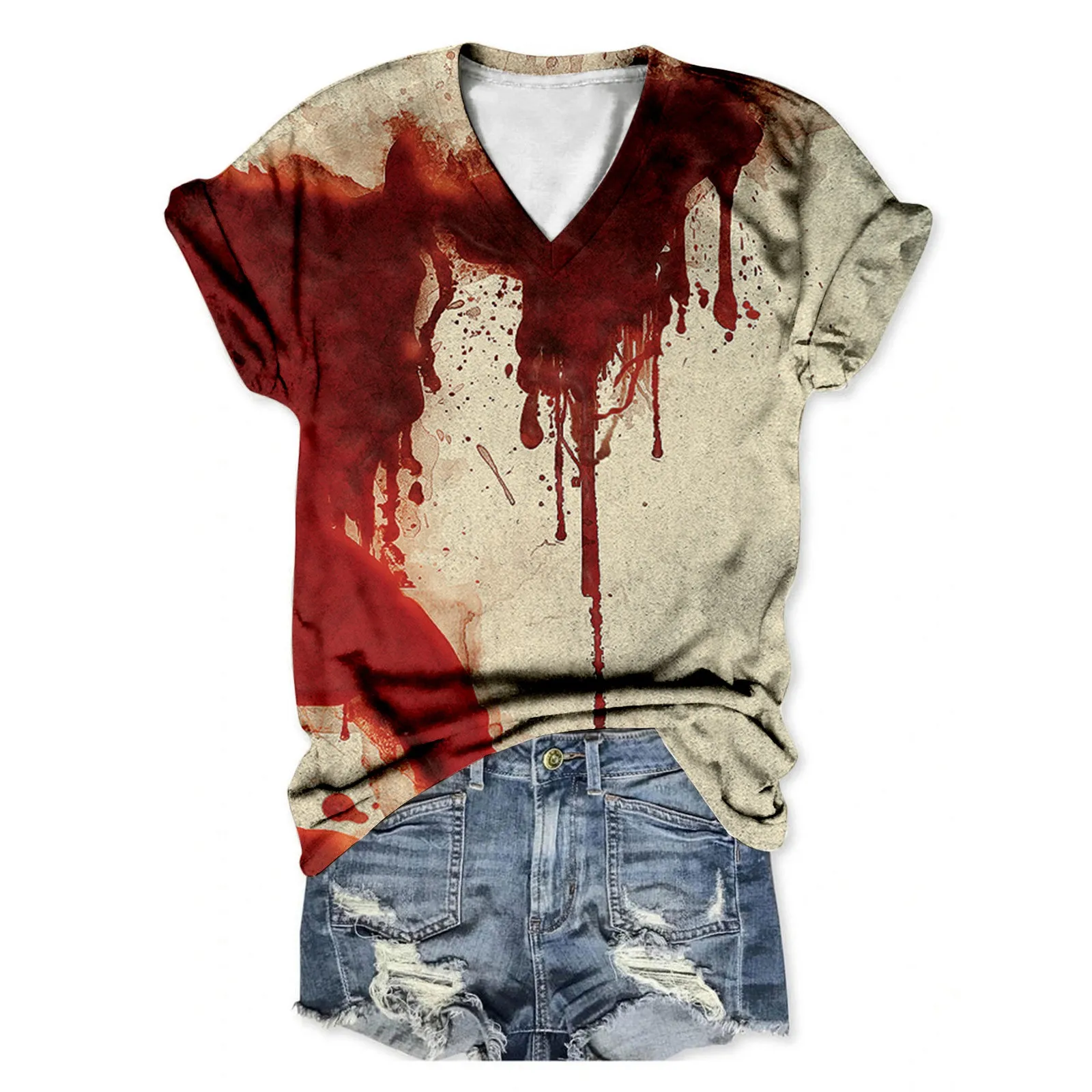 Halloween Party I'M Fine Bloody T Shirt Blood Splatter Fashion Original Party Unisex Tees Halloween V-Neck Short Sleeve T-Shirt