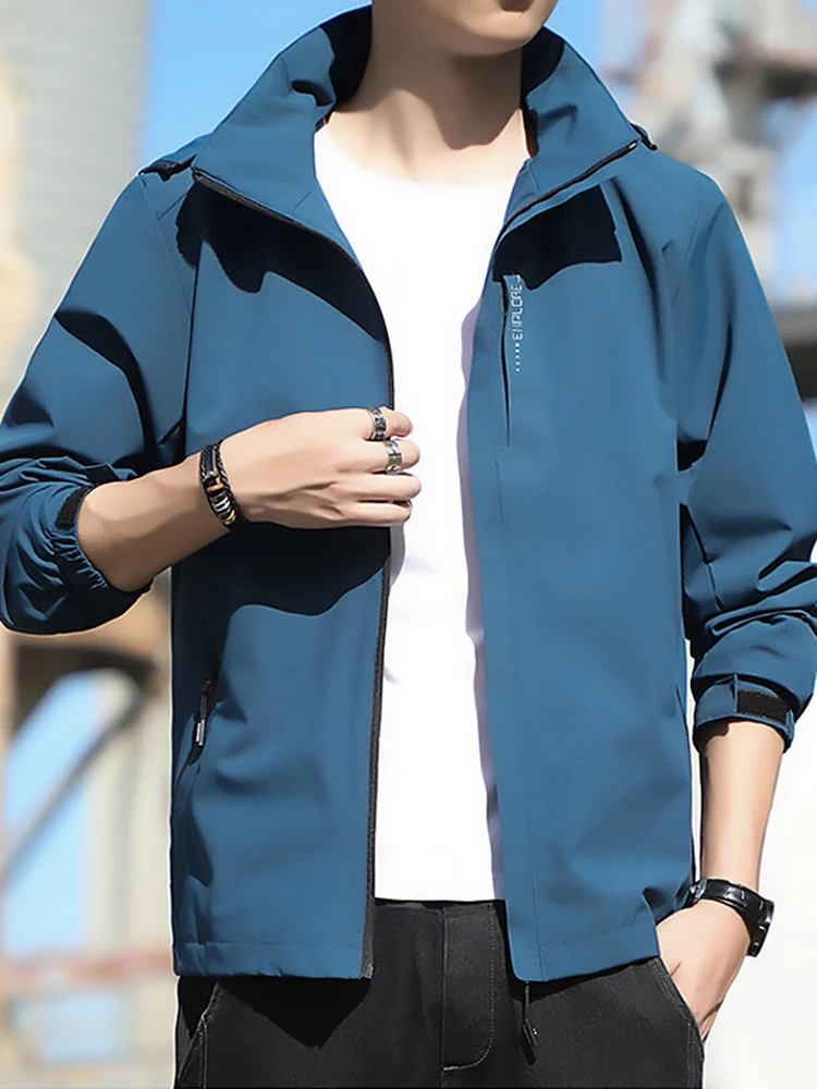 

2026 Spring New Men's Hooded Windbreaker Jackets Waterproof Zip Pocket Coats 5 Colors Casual Jacket