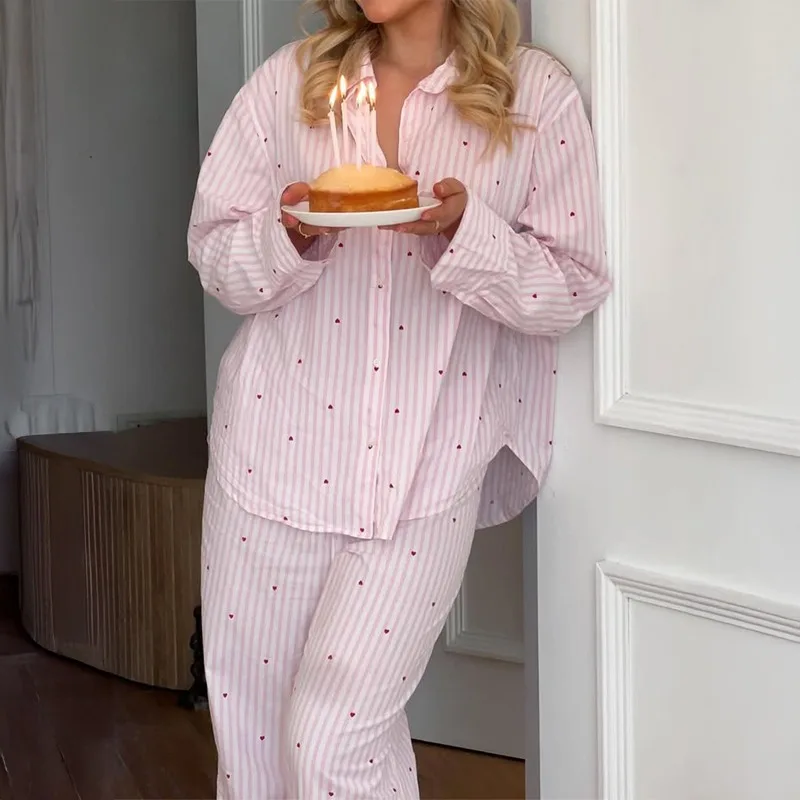 

Women's Striped Heart Print Pajama Set Loose Long Sleeve Button Up Shirt + Pants Loungewear