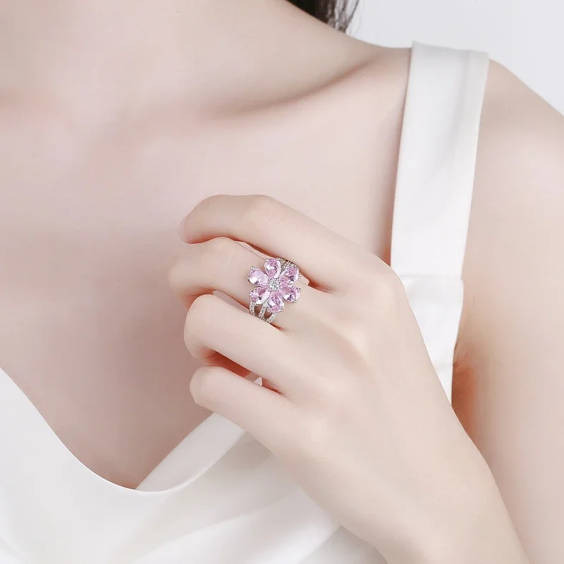 Pink Flower Sparkling Zircon Engagement Wedding Ring 18K Gold Plated White Gold Plated Fine Jewelry For Women