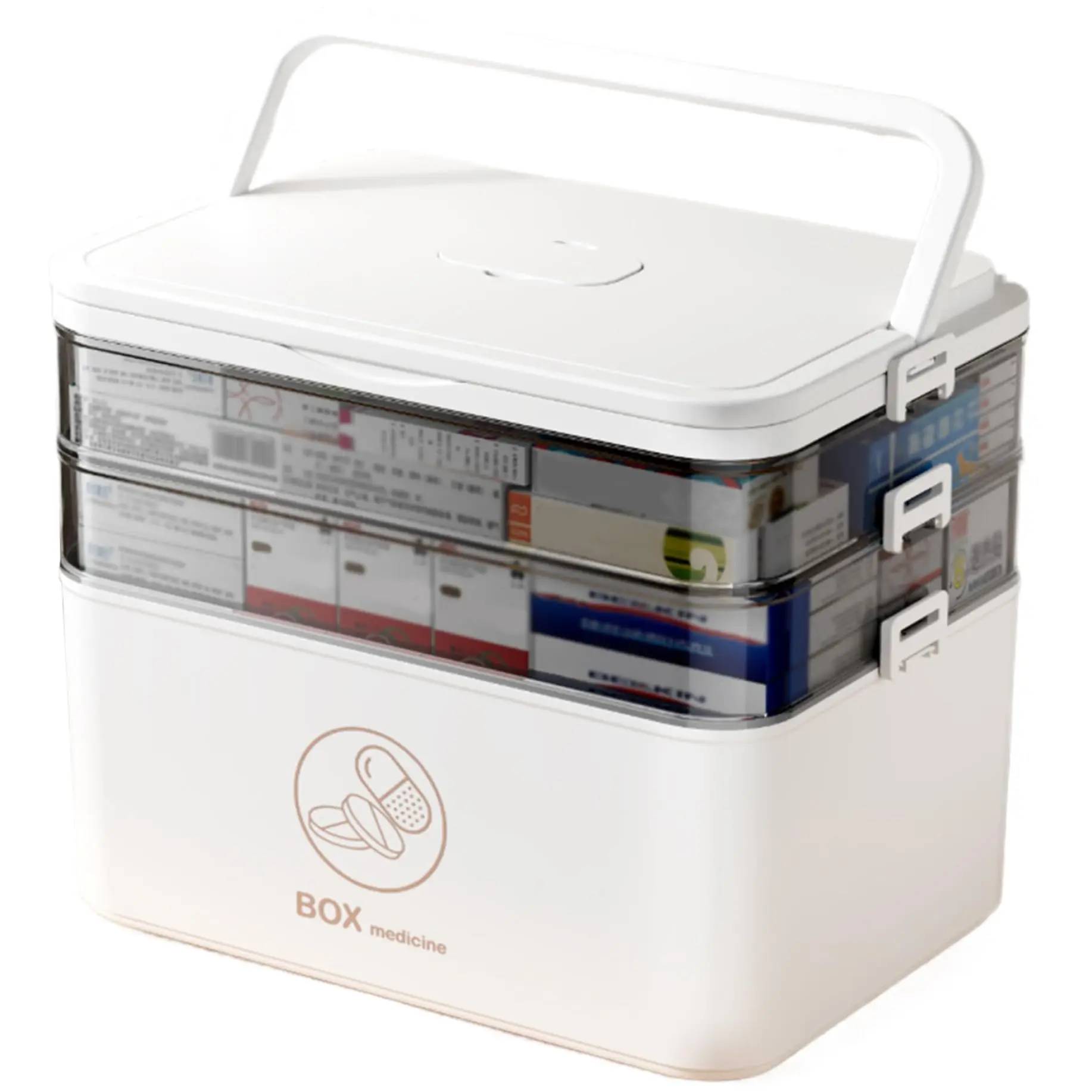 Medikamenten-Aufbewahrungsbox, tragbare 3-lagige Medikamentenbox, Erste-Hilfe-Box mit Deckel und Griff, Aufbewahrungsbox für Medikamente mit mehreren Gittern